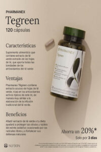 Pharmanex Tegreen, suplemento de extracto de té verde rico en antioxidantes incluido en la promoción de julio.