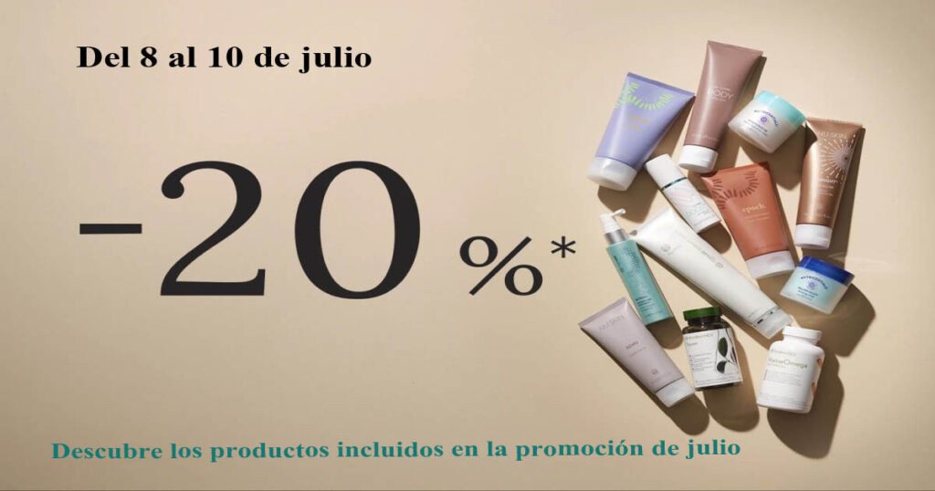 Promoción de julio 2026 con un 20 % de descuento en una selección de productos Nu Skin para el cuidado de la piel, el cabello y el bienestar.