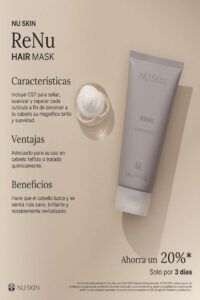 ReNu Hair Mask de Nu Skin, mascarilla capilar reparadora para nutrir, suavizar y revitalizar el cabello.